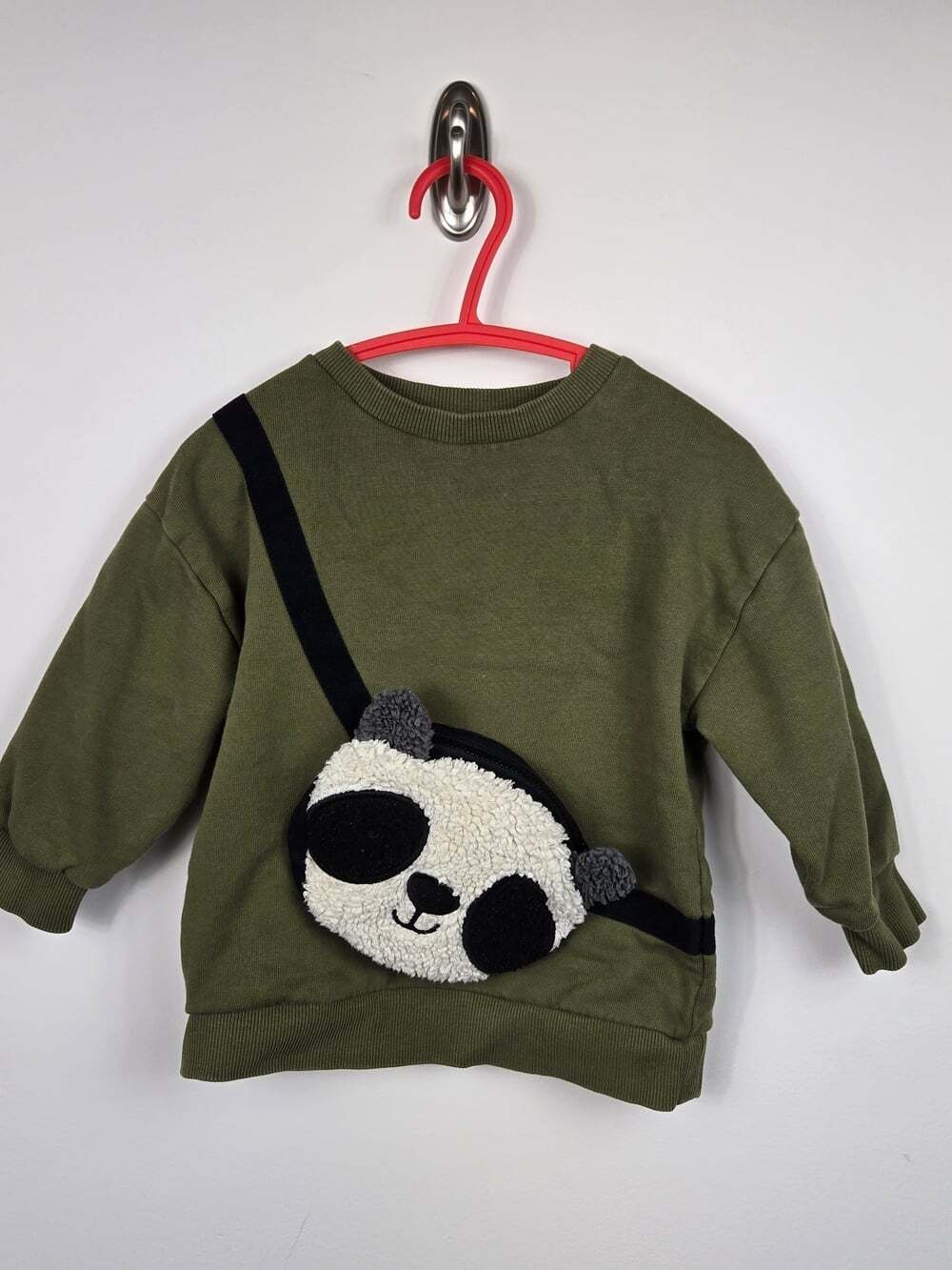 Next Kids Panda Crossbody Sweatshirt Olive Green 1.5-2Y Cozy Pull Over
